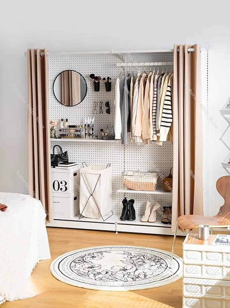 Simple Pegboard Wardrobe, Open Rental House Closet, Bedroom Doorless Shelf, Metal Storage Rack for Home Organization