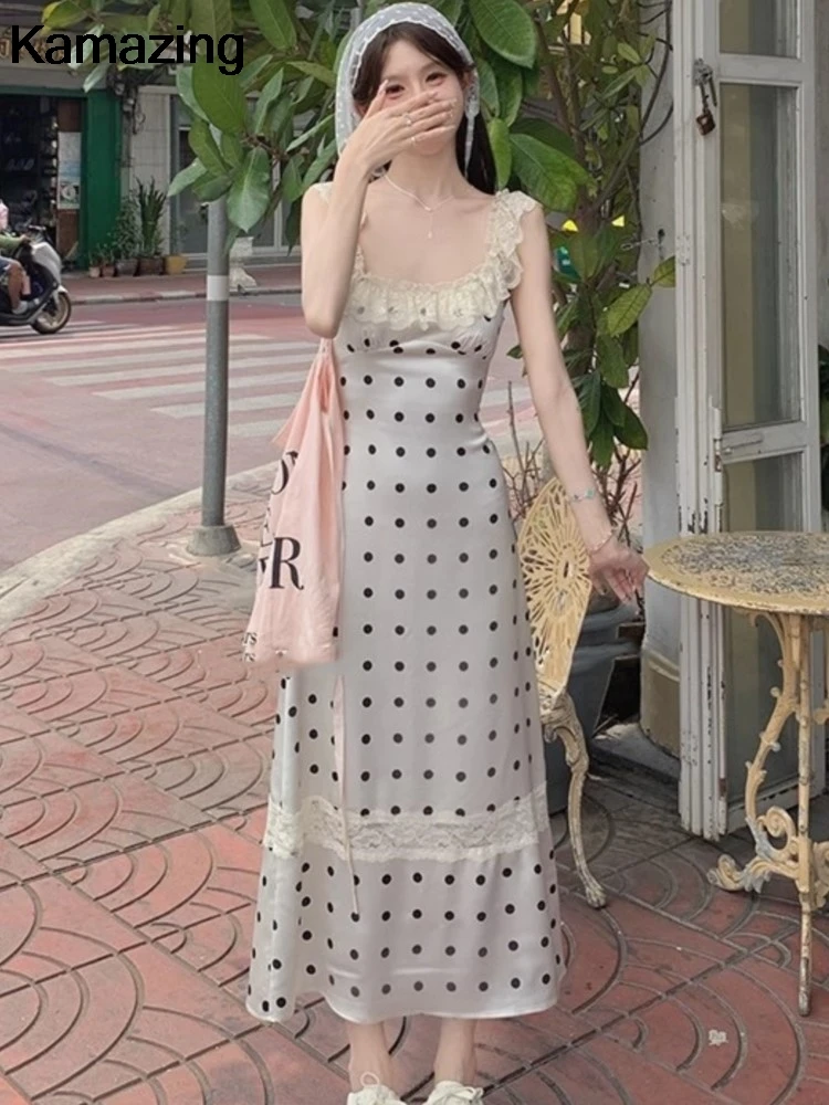 Vintage Elegant Polka Dot Lace Midi Dress Women Casual Y2k Beach Style Sleeveless Vestidos Summer Fashion Female Clothing