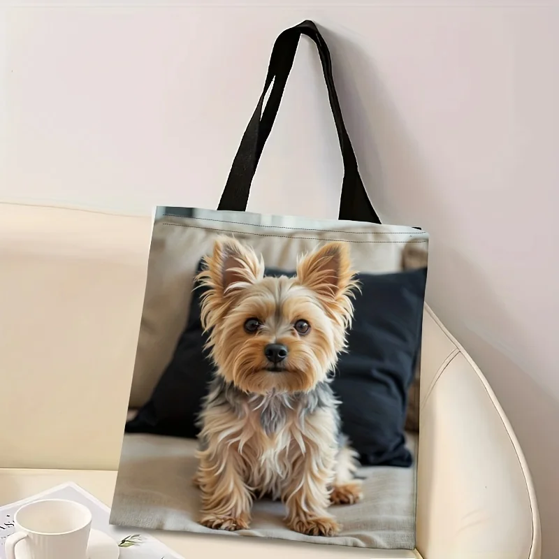 1 Stück schicke Einkaufstasche mit Hunde-Aufdruck, Polyester-Einkaufstasche mit bezauberndem Yorkie-Design, wiederverwendbar für Damen, lässige Schultertasche – Detail 5