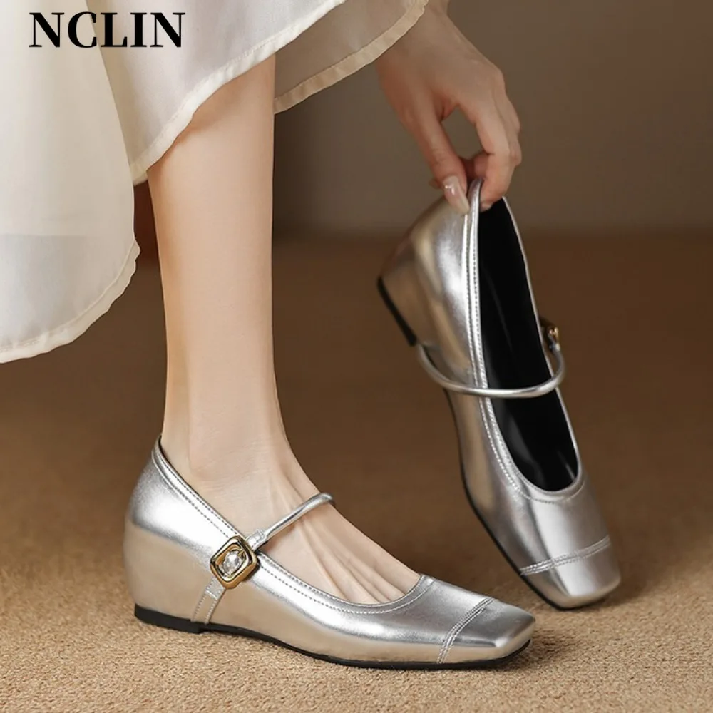

women height heel Shoes Genuine Leather Shallow Mouth Square Head One Line Buckle French Mary Jane Ballet Single Shoes for Women