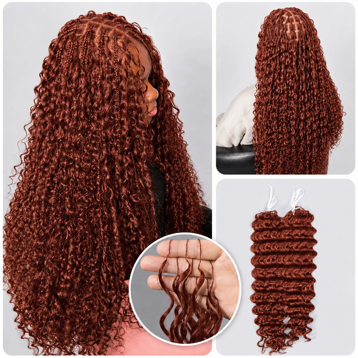 Extensions de cheveux humains au crochet Miracle Knots, brun rougeâtre, ondulations profondes, légères comme des plumes, pour tresses, pour femmes noires, pointes pleines