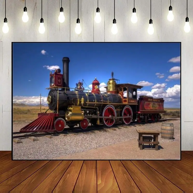 Old Steam Locomotive Vintage Station Background Custom Birthday Backdrop Train Railroad Track Photography Backdrops Banner Party