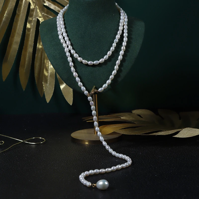 Freshwater large and small pearl sweater chain necklace women,-long 80cm, multi-layered neck accessory
