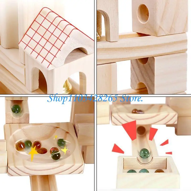 60pcs Wooden Marble Track Assembly Building Blocks Ball Puzzle Children Educational Kids Gift G2TE