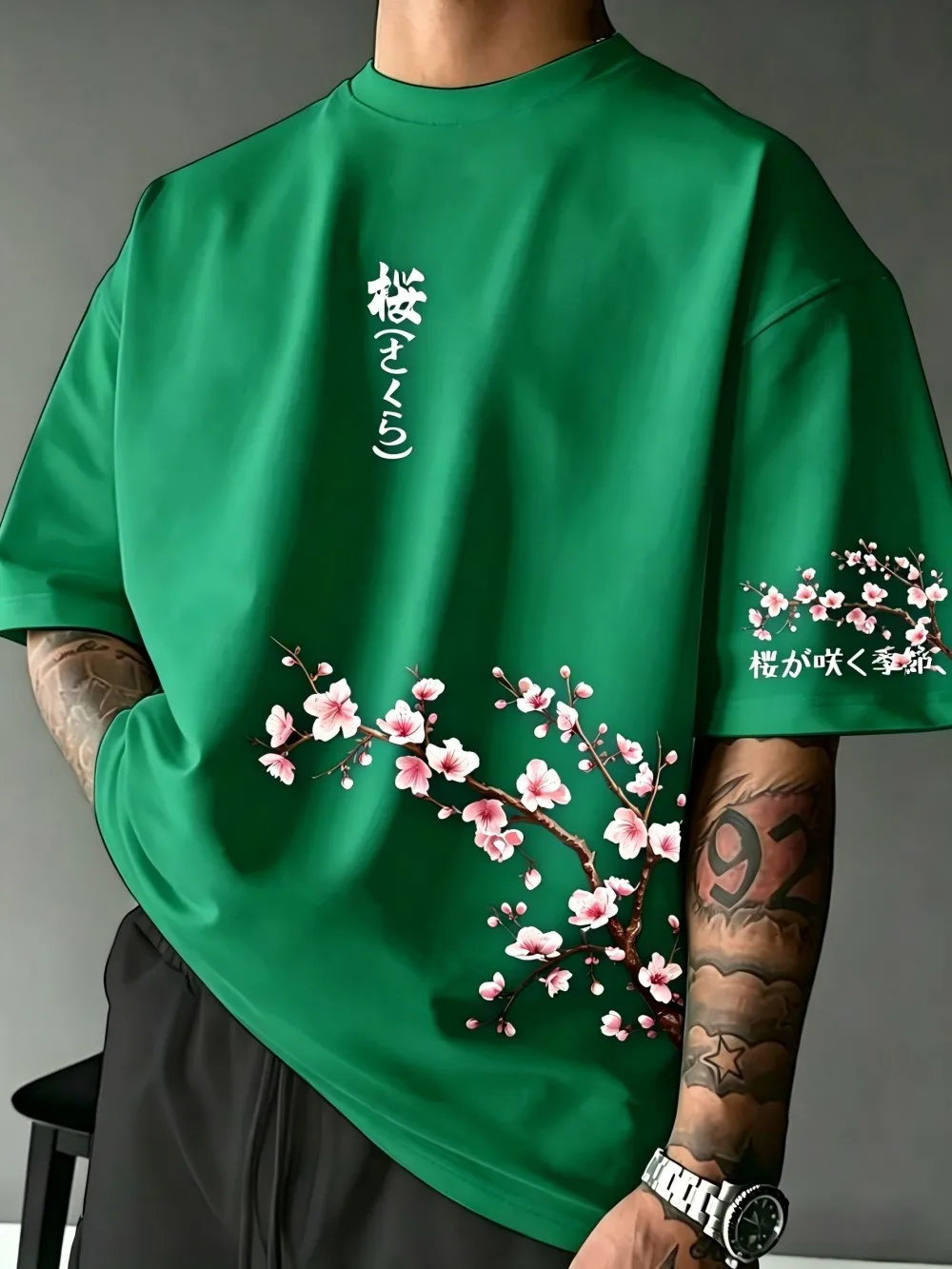 New American men's summer cherry blossom branch letter print micro elastic breathable round neck T-shirt outdoor urban street to