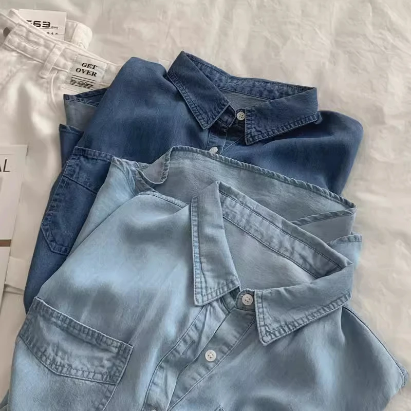 

Loose Fit Casual Sle Denim ort Sve irt Women's Summer Vintage Loose Versatile Hong Kong Flavor Open Cardigan