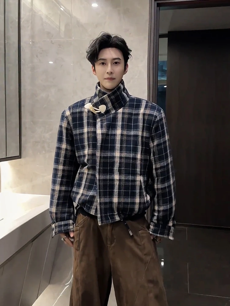 

Синяя двусторонняя одежда из хлопка, мужская зимняя теплая куртка с воротником-стойкой, клетчатая верхняя одежда, повседневная одежда с воротником-стойкой