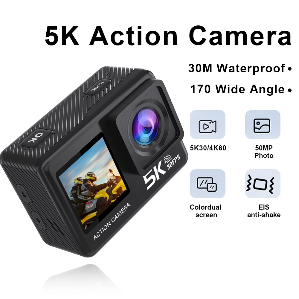 Action Camera 5K 4K60FPS EIS Wi-Fi Dual Screen 170D 2.0 Inch Touch Screen 30M Waterproof Sport Camera With Remote Control