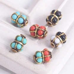 5pcs 12x9mm Handmade Nepalese Buddhist Tibetan Brass Metal & Clay Loose Craft Beads for Necklace Jewelry Making DIY