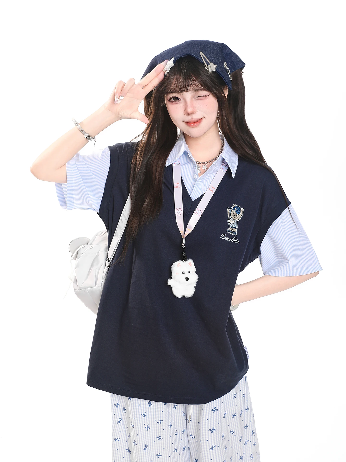 Casual Style Short Sleeve  Neck T-Shirt Women Summer Korean Loose Fit Stitched Dog Embroidery Fake Two-Piece College Styl...