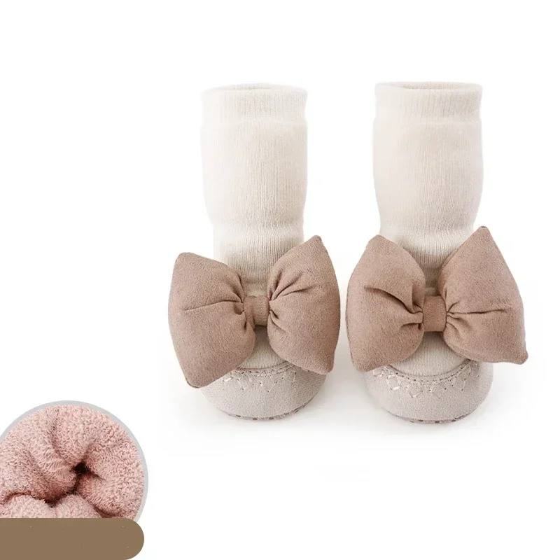 1 Pair Newborn Sock Shoes Korean Fashion Bowknot Non-slip Floor Calf Sock Shoes for Baby Girl Autumn Winter Cotton First Walker