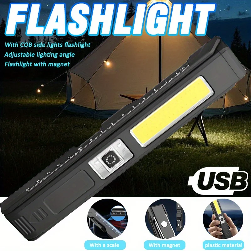 

USB Rechargeable LED Flashlight with Magnet Adjustable Angle Portable Work Light with COB Side Lights Emergency Torch