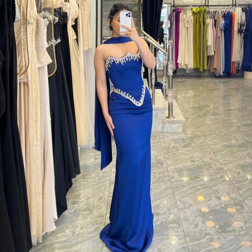

Customized High Quality Exquisite Jersey Rhinestone Pleat Mermaid Strapless Long Dresses Bespoke Occasion Dresses Classic Formal