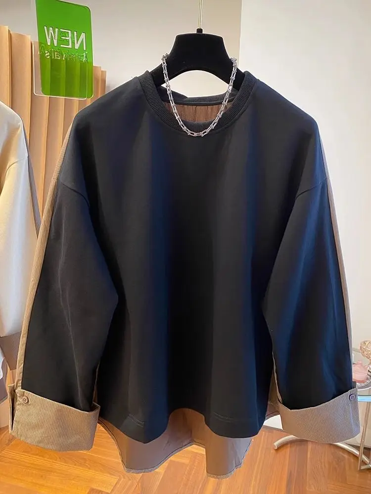 Niche Long-sleeved T-shirt for Women Spring Clothes New Style Splicing Fake Two-piece Thin Sweatshirt Top Trendy