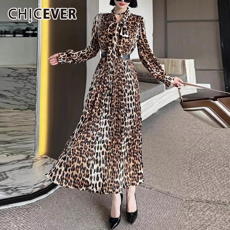 

CHICEVER Leopard Print Pleated Dress For Women Bowknot Collar Long Sleeve High Waist Spliced Belt Elegant Vintage Dresses Female