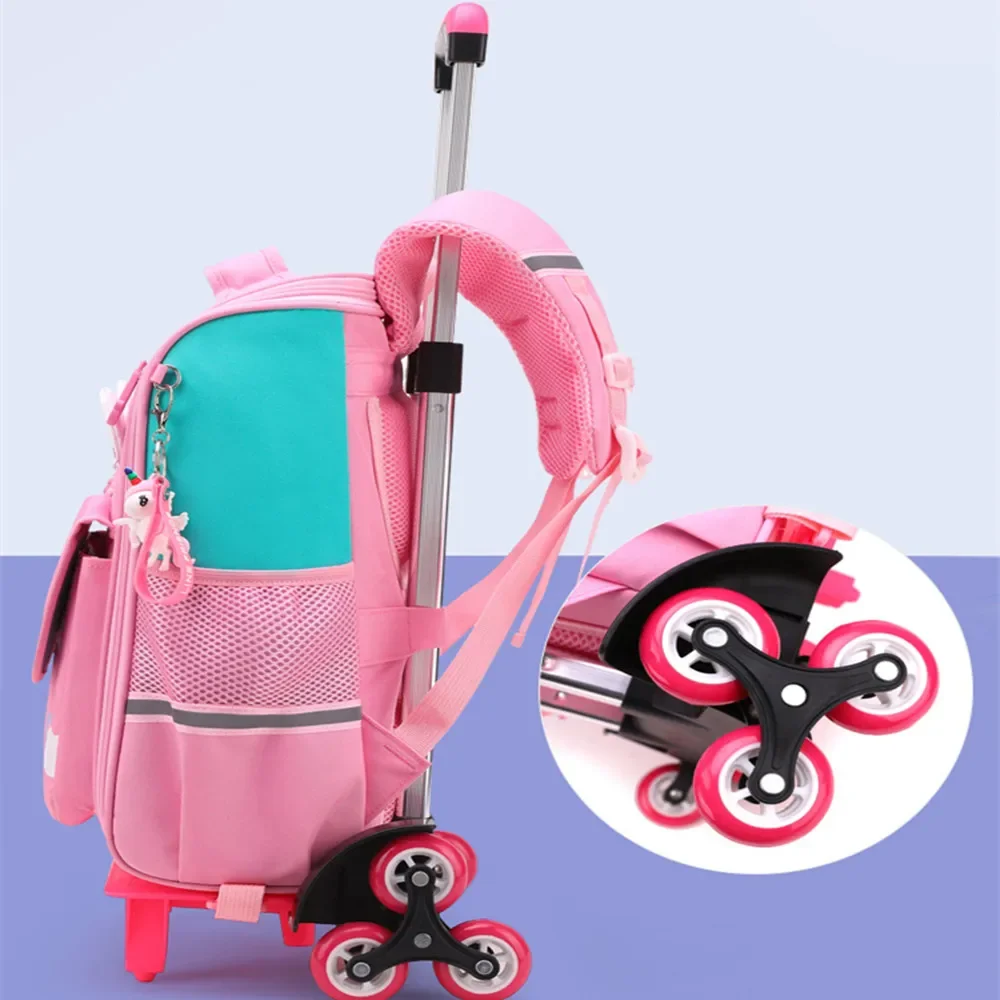 Crianças dos desenhos animados trole saco de escola mochila bookbag para gril crianças 3/6 rodas mochila estudante bolsa destacável puxar haste caso