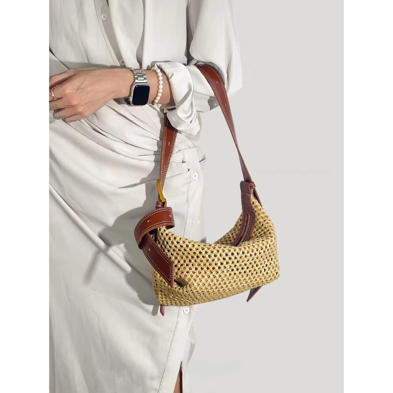 Leather Hollow Crossbody Bag Woven Bag Beach Style Zipper Handbag Retro Leisure Wallet Clutch Bag 명품가방 미니백