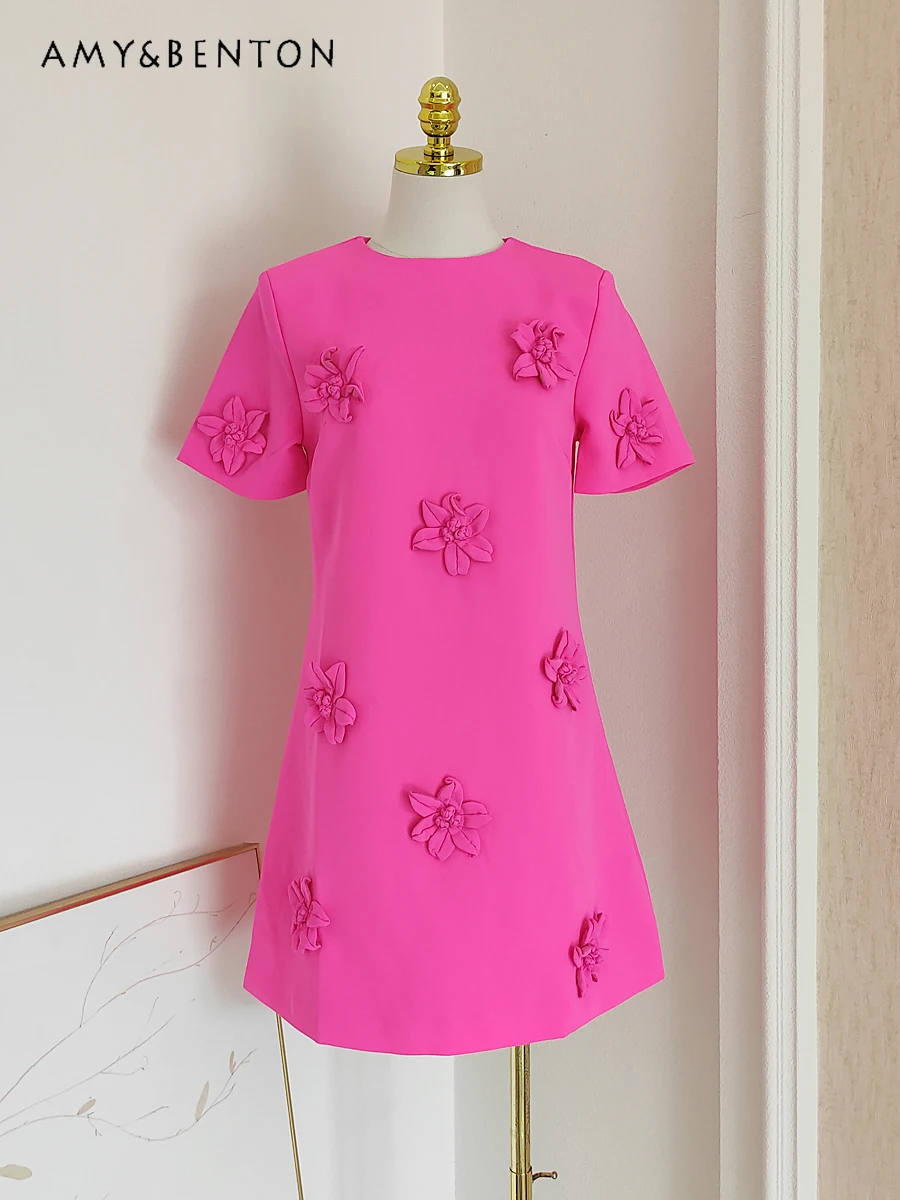 

European Station French Heavy Industry Three-Dimensional Flower Slim Mini Dress High-Grade Socialite Short Sleeve A-line Dress