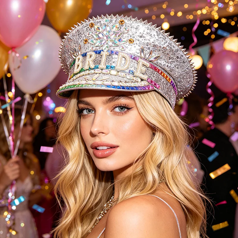 Luxury Rhinestone Bride Hats Bridal Shower Decor Rave Captain Hat Women Bachelorette Party Accessories