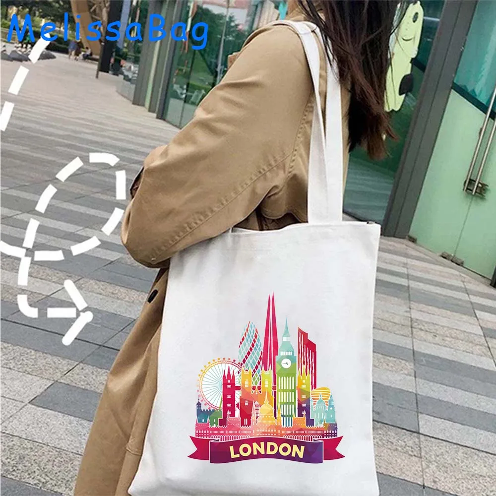 Vintage Big Ben Clock London Bus United Kingdom UK Flag Skyline Landmarks England Lover Gifts Canvas Shoulder Totes Bag Handbag