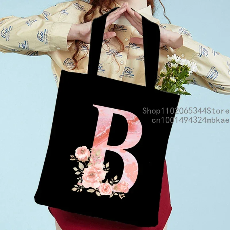 Fashion Trend Black Canvas Handbags Pink Sakura Alphabet Aesthetics Graphic Tote Bag Teenager Student Women Flower Shoulder Bag