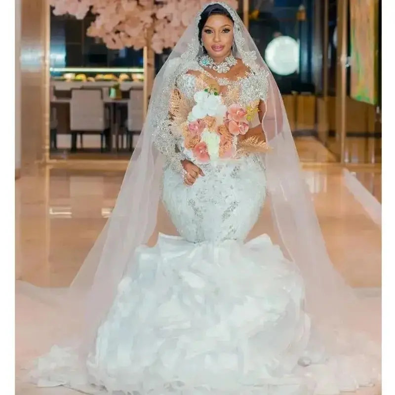 Customized Plus Size Mermaid Wedding Dresses Detachable Gillter Long Sleeve Beaded Crystals Arabic Aso Ebi Bridal Gowns