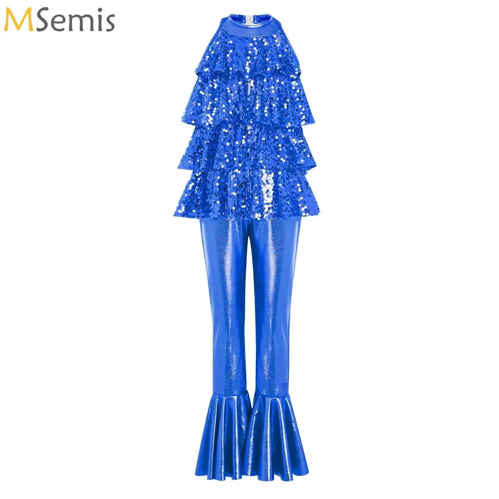 

Kids Girls Jazz Latin Tango Dance Jumpsuit Shiny Sequin Tiered Ruffles Figure Skating Costume Sleeveless Bell-Bottom Bodysuit