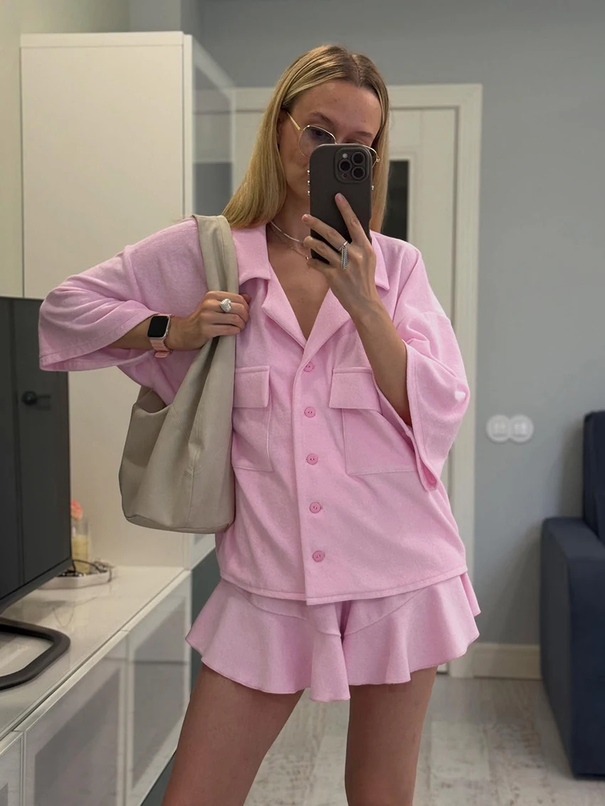 

Marthaqiqi Loose Female Nightwear 2 Piece Set Long Sleeve Sleepwear Turn-Down Collar Pajamas Shorts Casual Women Nightgowns Suit