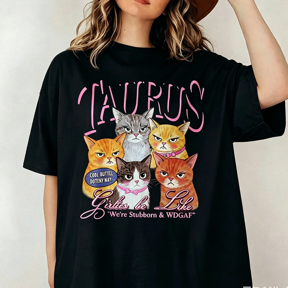 Funny-Taurus-Grumpy-Cats-Graphic-T-Shirt,-Taurus-Girls-Stubborn-Personality-Zodiac-Casual-Cotton-Oversized-Tee-Graphic-T-Shirts