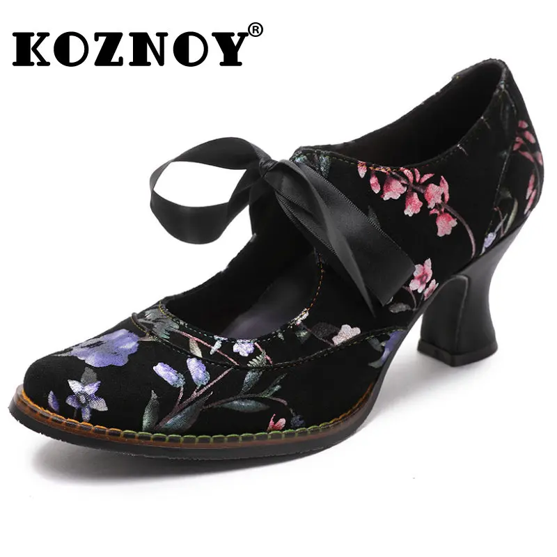 

Koznoy High Heel 6cm Sheepskin Kid Suede Leather Fashion Chunky Heels Print 2023 Summer Women Plus Size Designer Antiquity Shoes