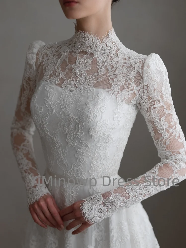 Elegante Civiele Trouwjurken Hoge Kraag Lange Mouw Bruidsjurk Kant A-lijn Sweep Trein Bruidsjurk Aangepaste robe de mariée