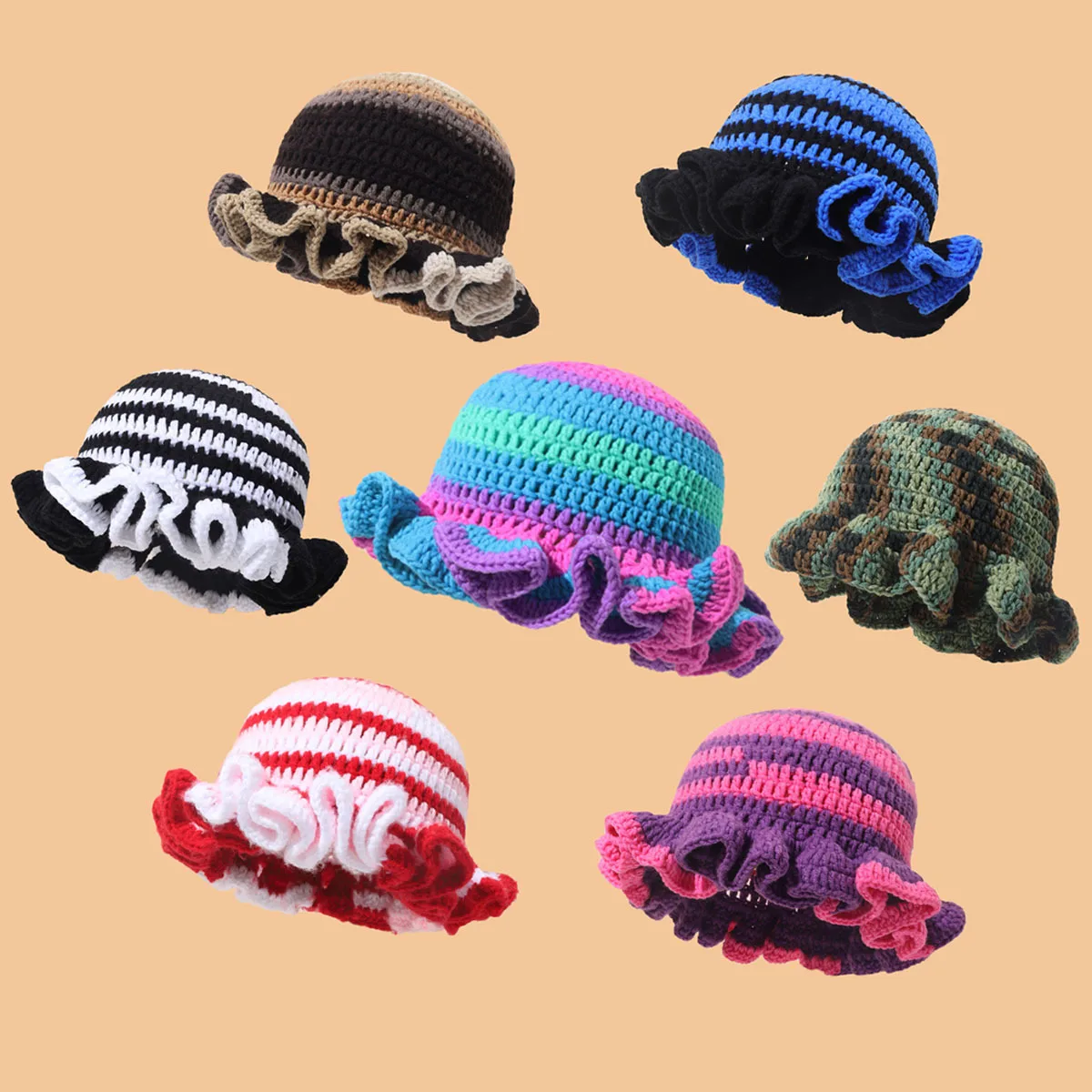 

Women's All-Season Fashion Bucket Hat - Hand-Knitted Acrylic Fisher Cap (56-58cm) with Woven Pattern & Ruffle Brim for Daily