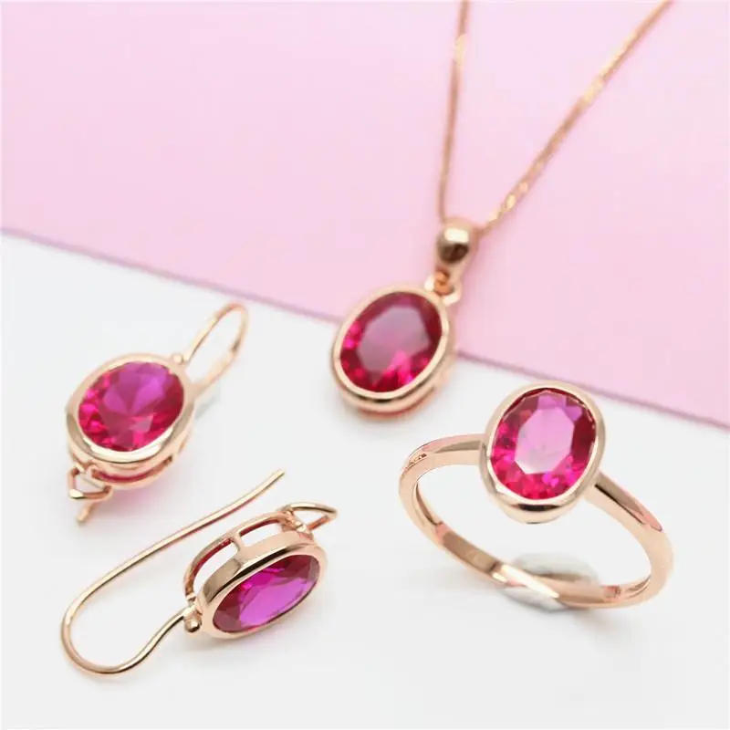 585 Purple Gold Simple Ruby Ladies Jewelry Set 14K Rose Gold Inlaid Oval Ring Earring Necklace Classic Glamour Party Jewelry