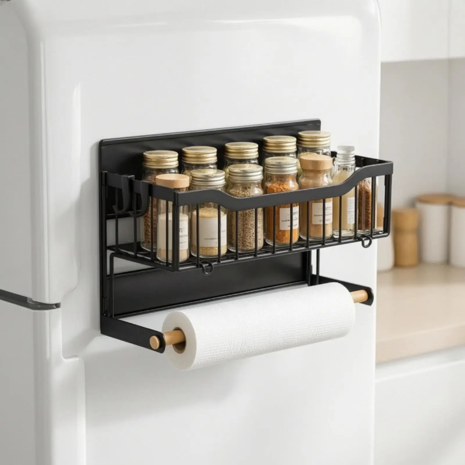 Space Saving Kitchen Storage Shelf Foldable Spice Rack with Wire Basket and Towel Holder for Fridge