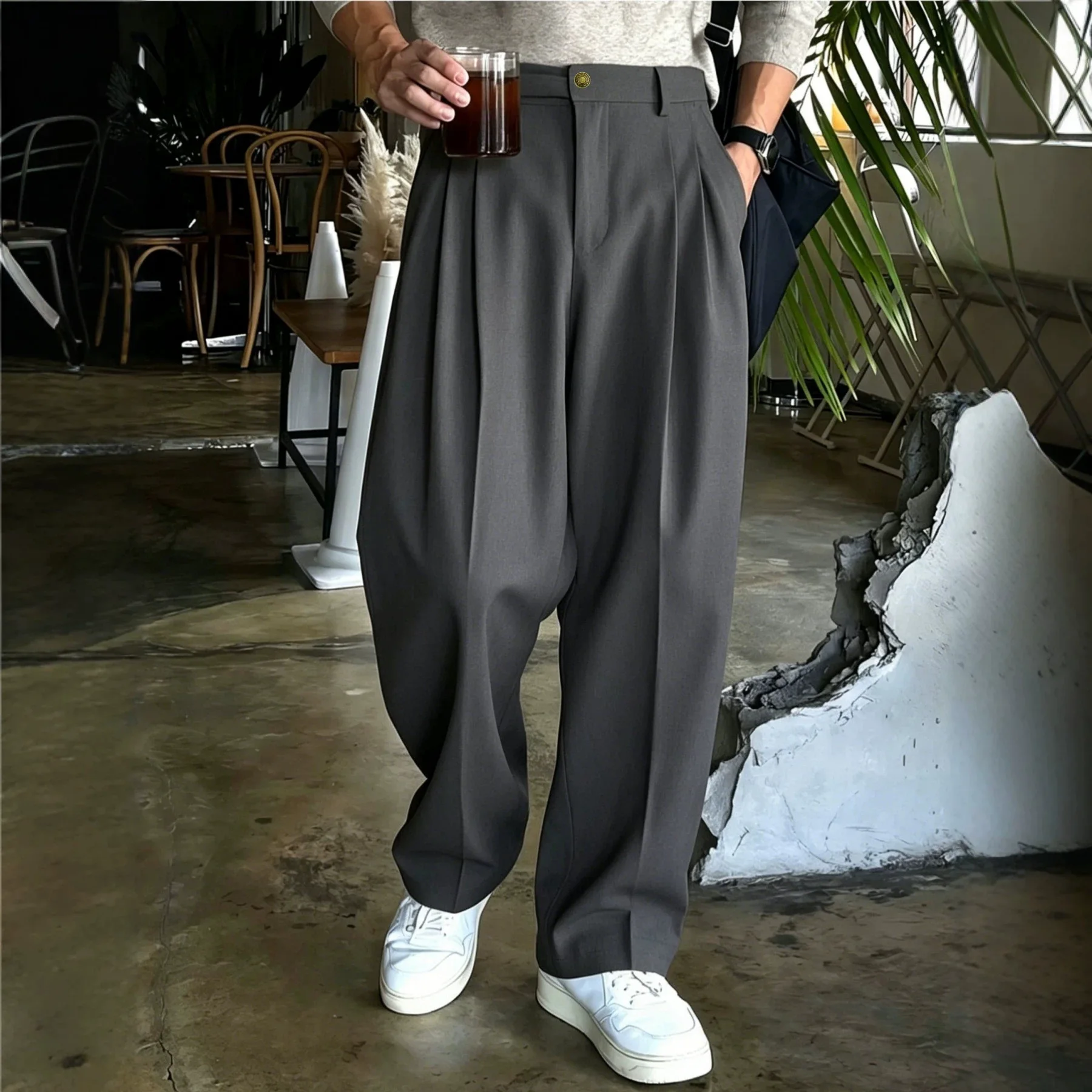 Classic solid color men's trousers with a versatile drape business casual pants with active pleats, men's wide-leg pants, K-pop