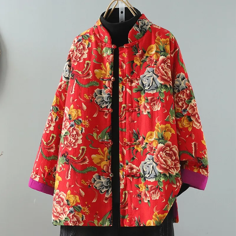 Women Casual Padded Jackets New Arrival 2024 Autumn And Winter Chinese Style Vintage Floral Print Female Thick Warm Coats B4006