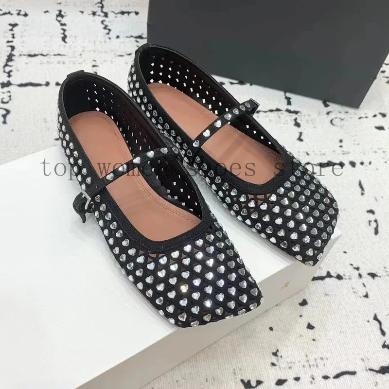 2024 Summer New Fashion Square-Toes Heart Rhinestone Mary Jane Shoes Flat Comfortable Ballet Dance Shoes Banquet Feminina Boot