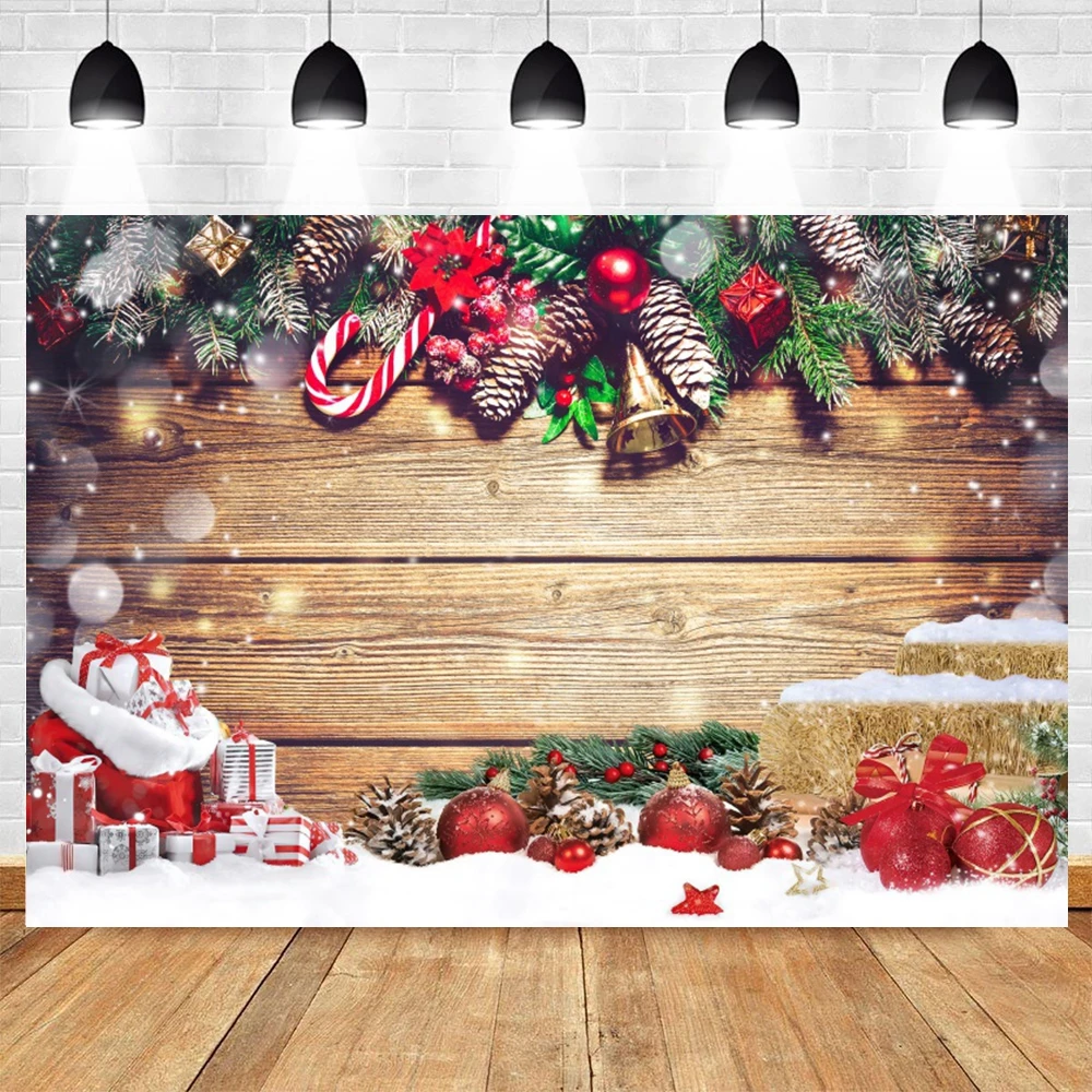 Wooden Board Christmas Backdrop Photography Xmas Rustic Wood Wall Snow Glitter Tree Balls Family Party Photo Background Props