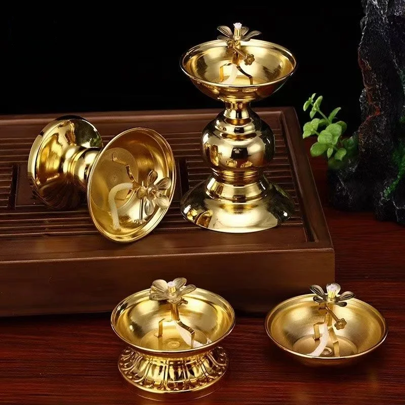 Metal Golden Oil Lamp With Glass Windproof Cover, Buddha Altars Temple Home Prayer Candle Holder,Religious Holiday Decorations