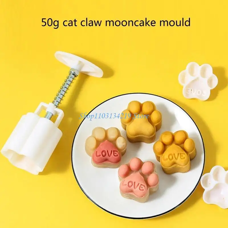N5KC Plastic Cookie Stamp Cat-Paw Pattern Mooncake Mold Hand Pressure Moon Cake Maker