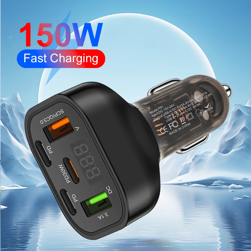 Car Charger PD 3.0 USB Type C Digital Display Car Fast Charger Electronics Accessories for IPhone Xiaomi Huawei Samsung Tablet