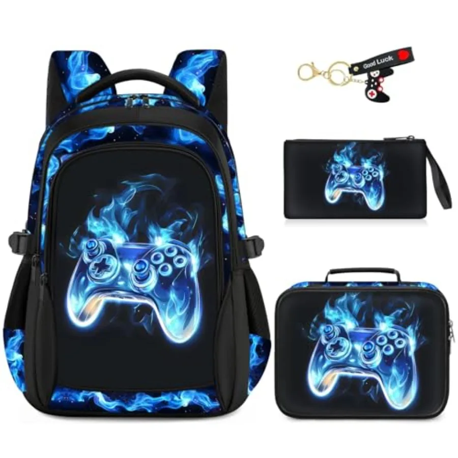 

School Backpacks for Boys - 4pcs Gamer Boys Backpacks with Lunch Box Set for Teens Elementary Middle School, 17″ Large Capacity