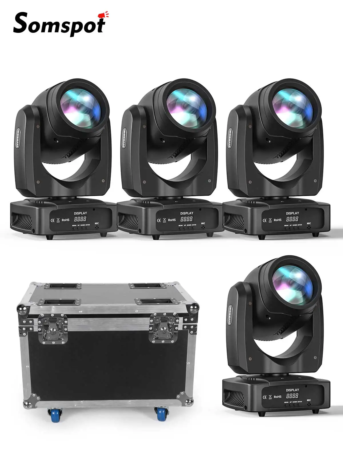 Somspot 4PCS LED Moving Head Lights mit Flightcases, farbenfroher Atomisationseffekt, Bühnenlichtprojektor für Disco, Party, Konzert, Hochzeit, Theater, Live-Show, Bar, Club.