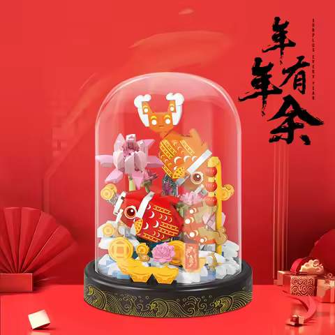 Idea Double Fish Mini Block China New Year Construction Building Bricks Educational Toys With Display Stand for Kids Gifts