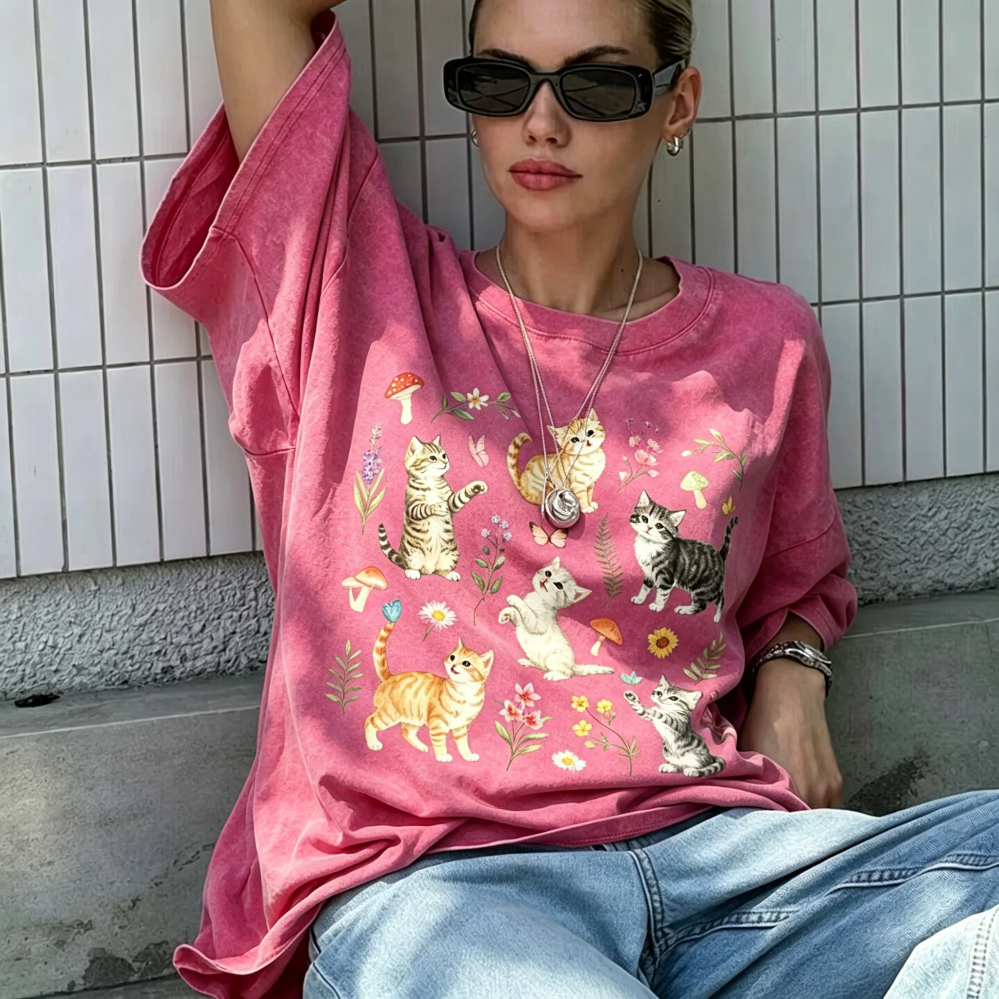 Vintage Washed Kitten Mushroom Floral Graphic T‑Shirt Cute Cat Print Crew Neck Loose Casual Short Sleeve Cottagecore Ladies Tee