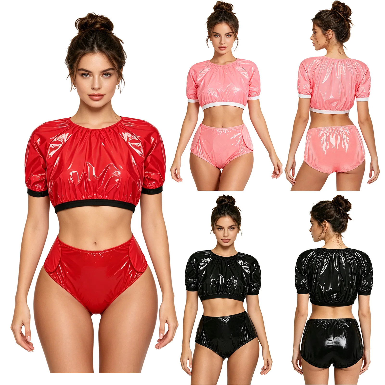 Womens 2 Piece Swimwear Waterproof Vinyl Short Sleeve Crop Top with Briefs Swim Bottoms Pool Party Beach Swimming Costume