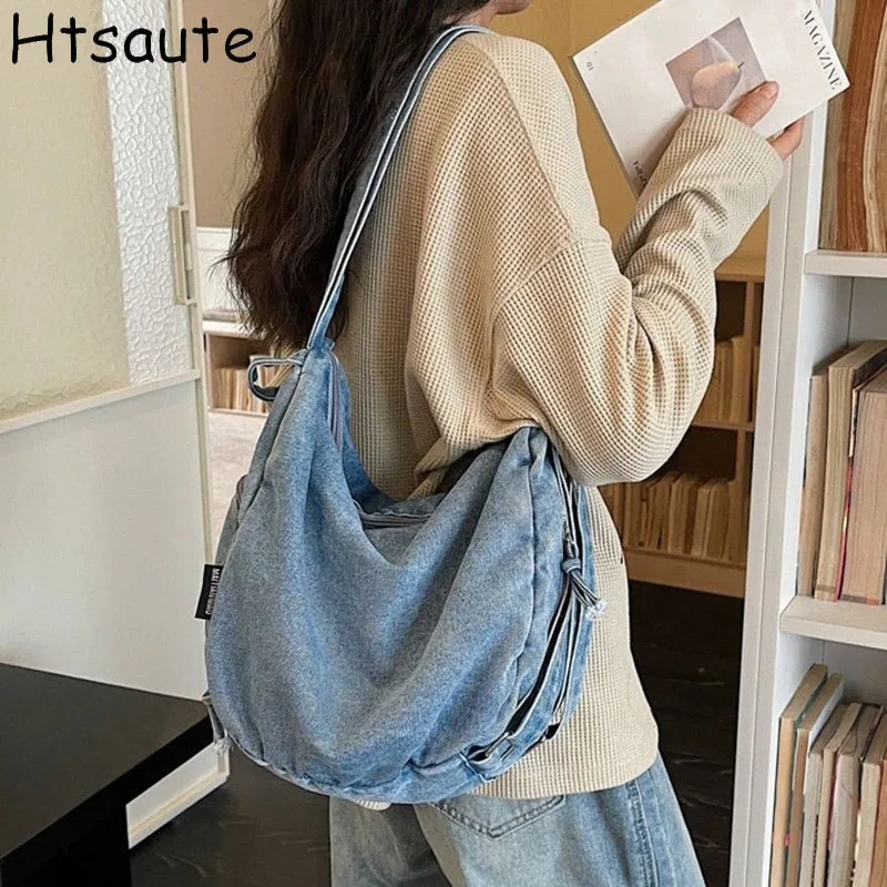 

All-matched Girl's Single Shoulder Crossbody Bags Vintage Fashion Denim Tote Bags Large Capacity Multi Pocket Bag bolasa