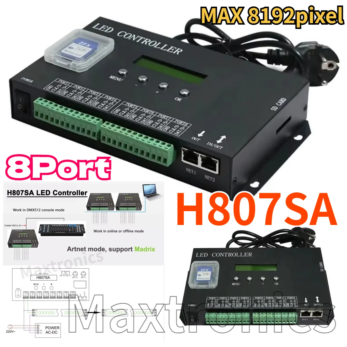 NEW H807SA Controller Madrix 8Port Artnet To SPI Pixel Controller MAX 8192pixel For WS2811 WS2812 WS2812b WS2815 Led Strip Light