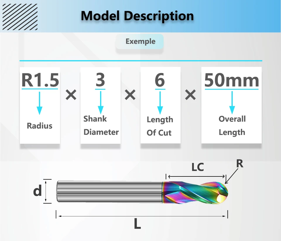 YZH Kugelkopffräser aus Vollhartmetall, Wolframstahl, DLC-beschichtet, HRC55, CNC, 2 Schneidkanten, für Aluminium, Kupfer, Acryl, Eisen, R0,5~R10 – Detail 5