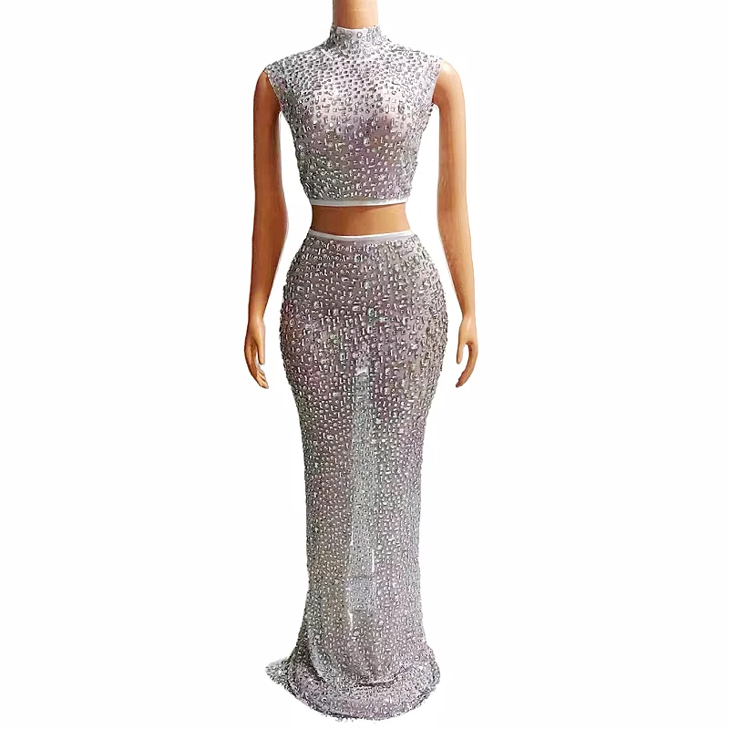 

Rhinestones Transparent Mesh Dresses Sleeveless 2 Pieces Set Outfit Evening Birthday Costume Celebrate Top Long Skirt